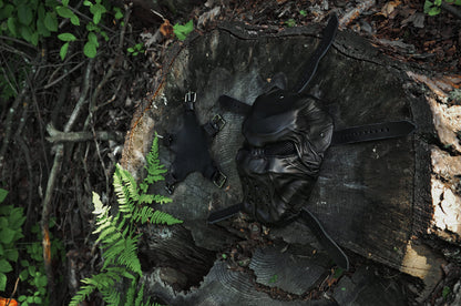 Black Leather Mask "Impetuous Berserk" with five strap-system, metal mesh, breathable holes.