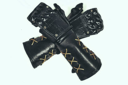 Leather Gauntlets Skeleton, Medieval Black Gloves, Armored Steampunk Fantasy Bracers (one pair, two gloves, left and right)