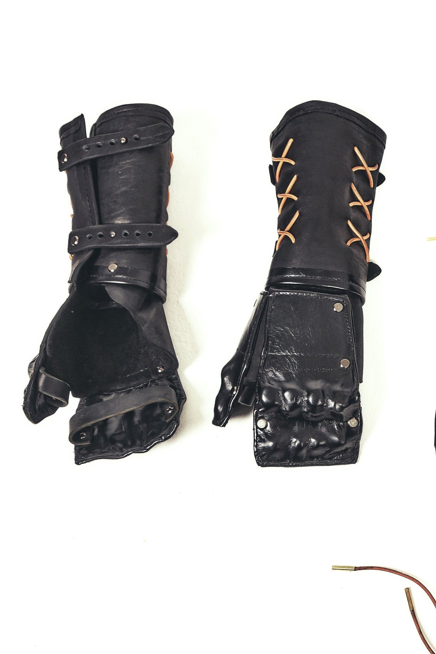 Leather Gauntlets Skeleton, Medieval Black Gloves, Armored Steampunk Fantasy Bracers (one pair, two gloves, left and right)