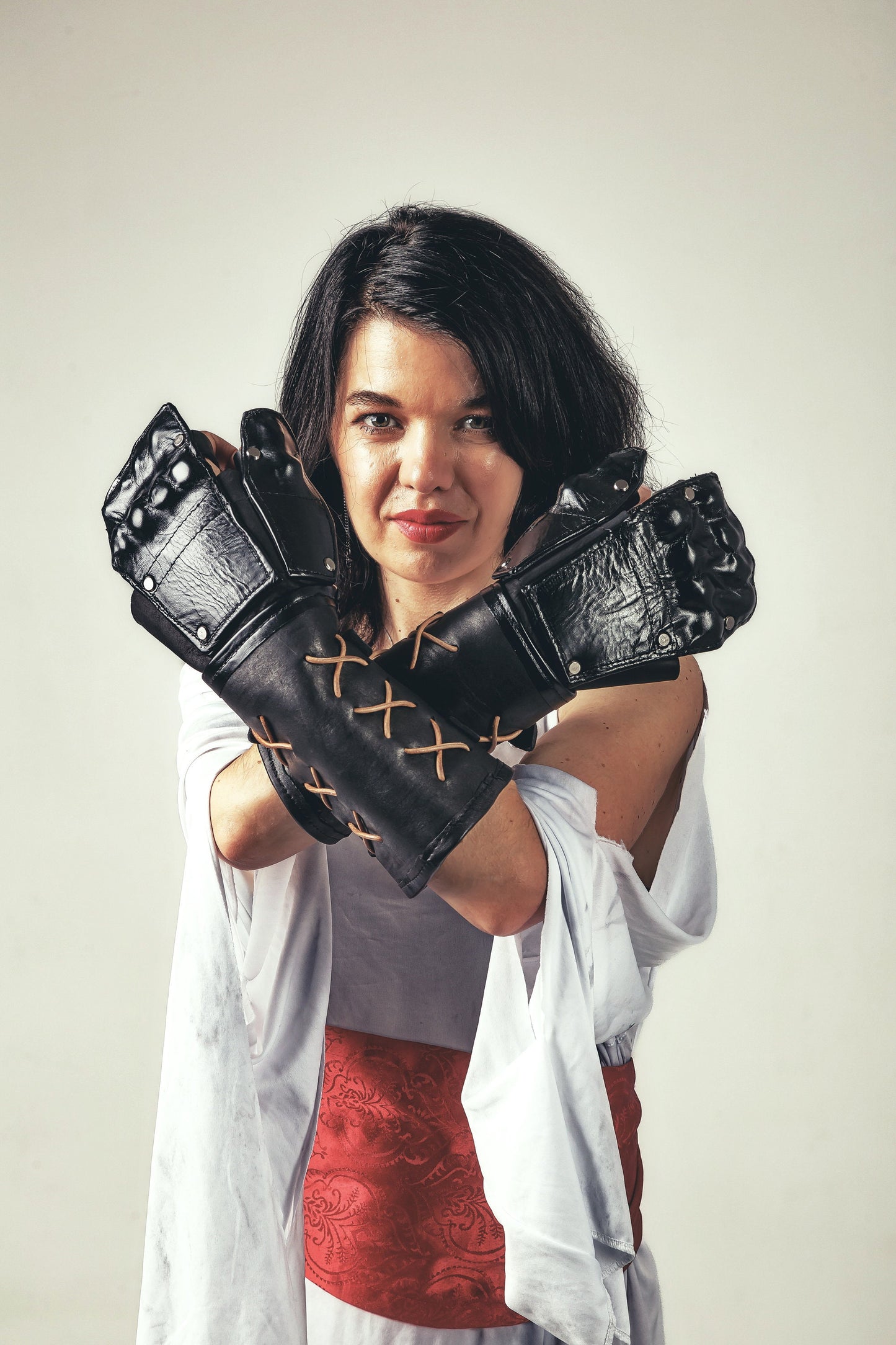 Leather Gauntlets Skeleton, Medieval Black Gloves, Armored Steampunk Fantasy Bracers (one pair, two gloves, left and right)