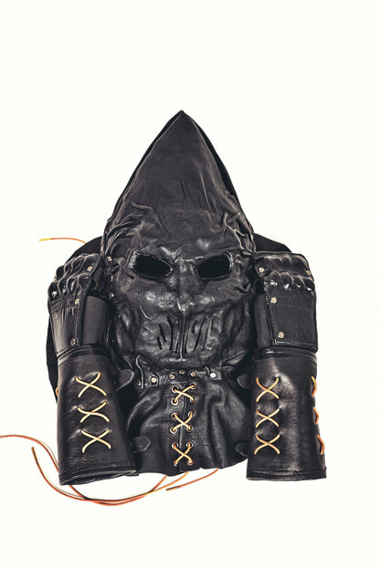 Black Leather Executioner Hood with special cutouts opposite the mouth and ears and Black Leather Gauntlets: A Dark and Enigmatic Set