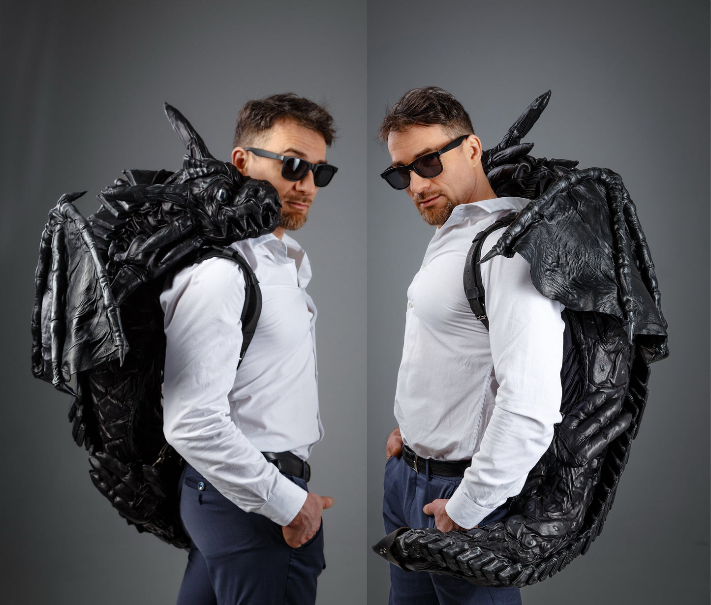 Leather dragon-backpack hugging you,  dragon tail wraps its around your waist, puts its paws on shoulders, covers your shoulders with wings