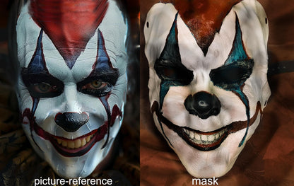 White Leather Mask "Trickster Clown" , with coloring, with five strap-system, red mouth, blue diamonds eyes outline, black normal nose.